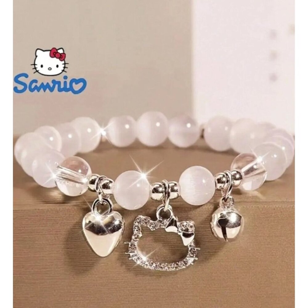 Hello Kitty Silver Charm Stretch Bracelet Rhinestone Heart & Beaded Design